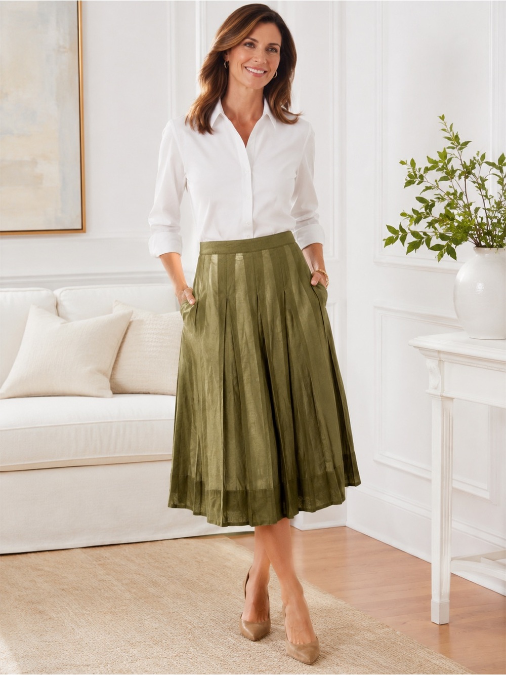 Talbots Olive Green Pleated Cotton Midi Skirt NWT 6P